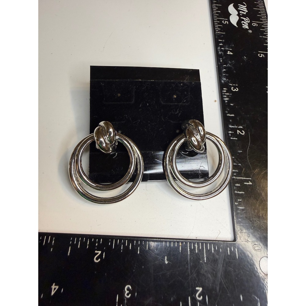 Silver Tone Double Hoop Door Knocker Knot Post Earrings Statement Jewelry